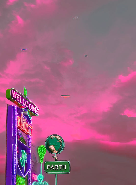 psychedelic sci-fi earth vegas scene pink clouds